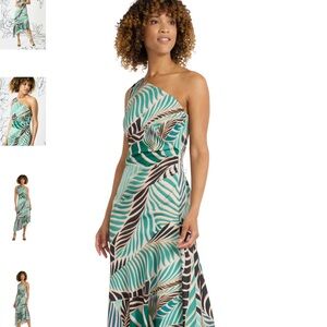 NWT Satin One Shoulder Dress Green Resort Tropical floral leaf print Asymmetric